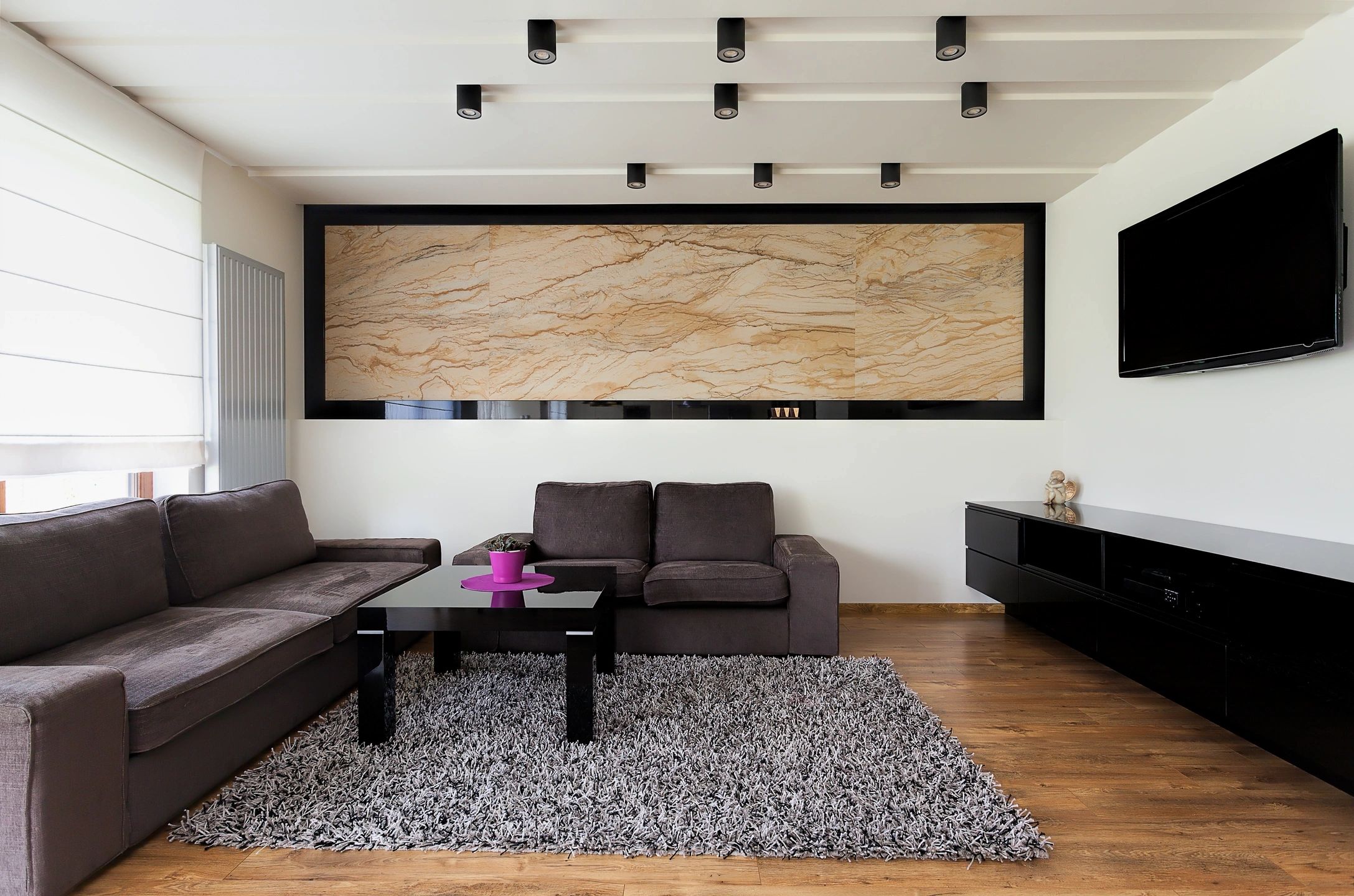 Contemporary staged living room with entertainment center — NJ home staging