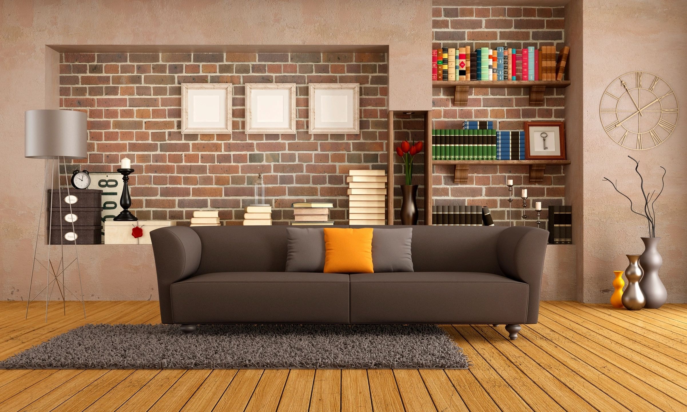 Modern living room with brick wall shelving — professionally staged for sale