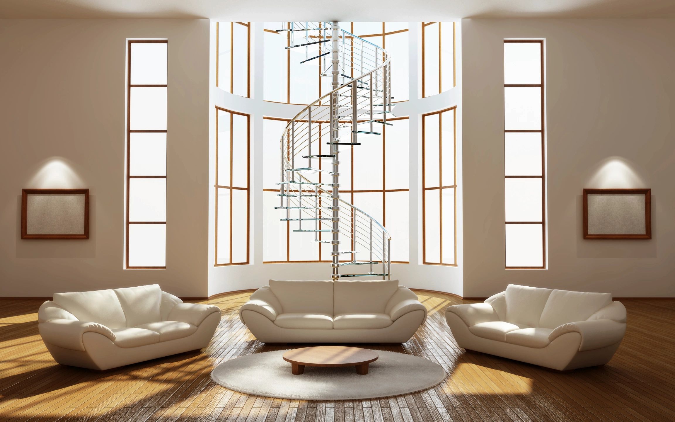 Minimalist living room with spiral staircase — 1st Impression Homes staging